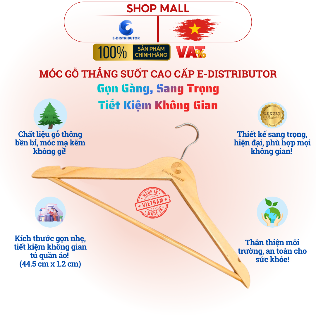 Móc gỗ quần áo không kẹp E-Distributor cao cấp - Sang trọng, gọn gàng - Chính hãng 100%