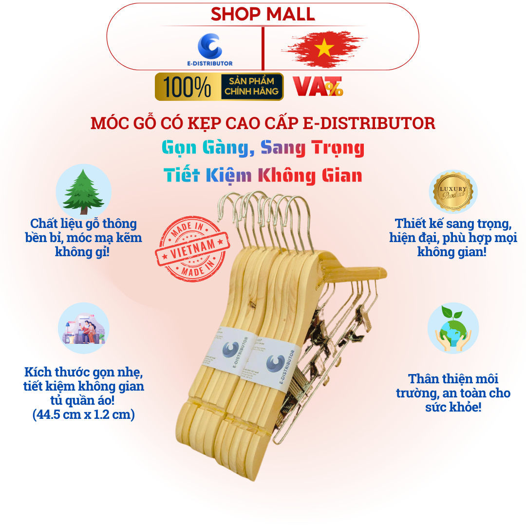 Combo móc gỗ quần áo có kẹp E-Distributor cao cấp - Tiện lợi, sang trọng - Chính hãng 100%