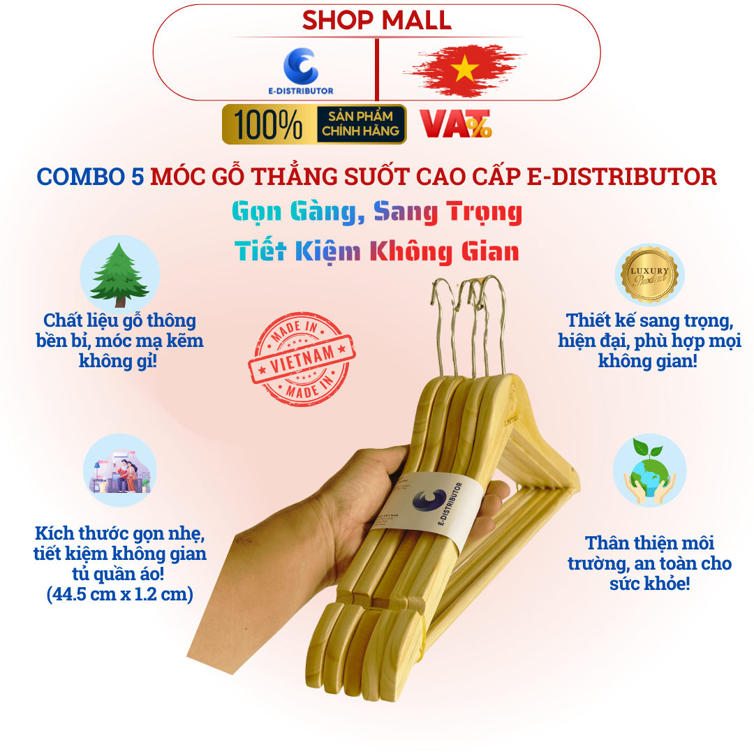 Combo móc gỗ quần áo không kẹp E-Distributor cao cấp - Sang trọng, gọn gàng - Chính hãng 100%