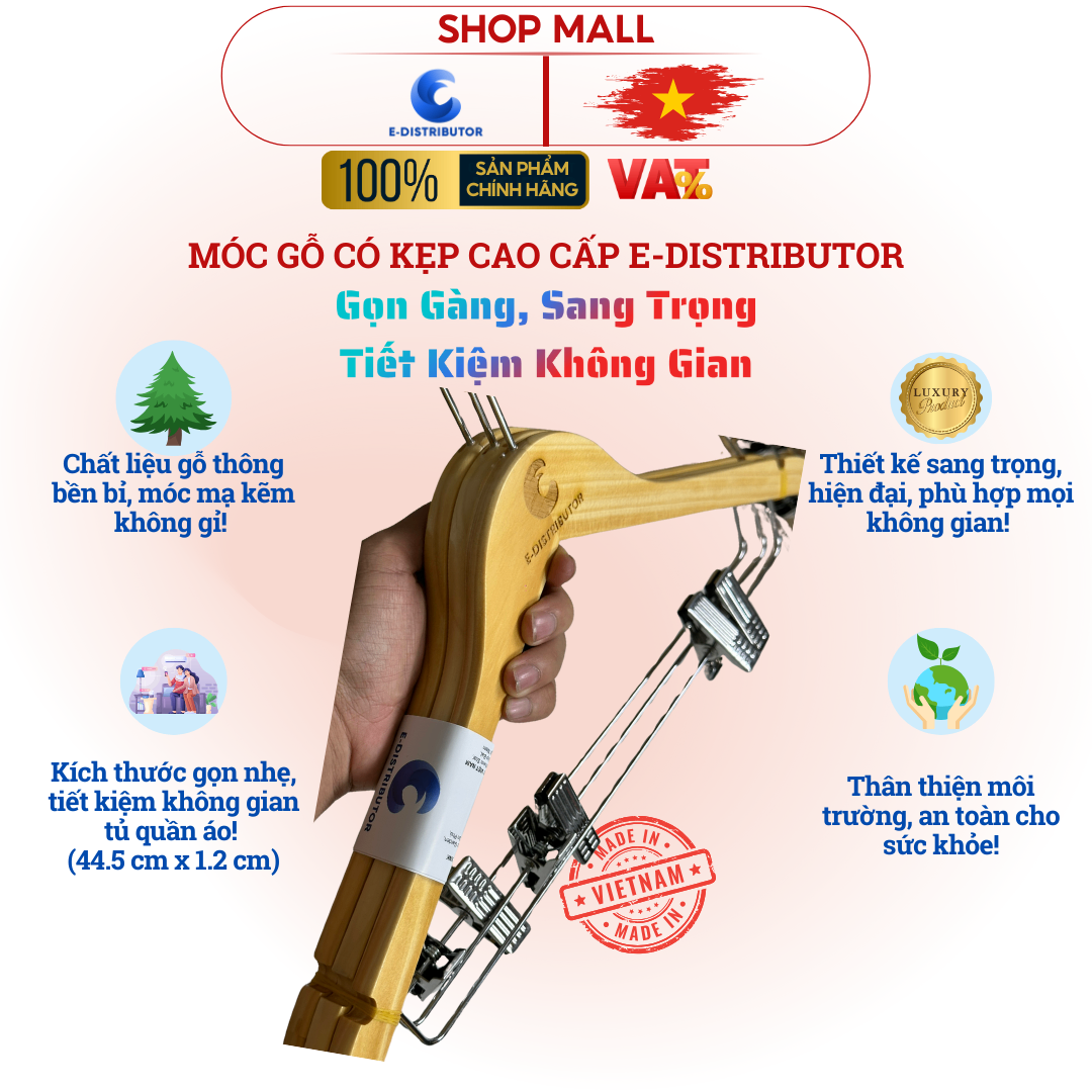 Combo móc gỗ quần áo có kẹp E-Distributor cao cấp - Tiện lợi, sang trọng - Chính hãng 100%