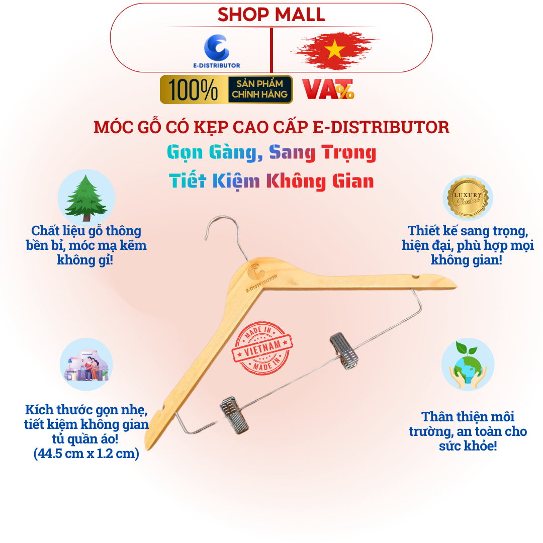 Móc gỗ quần áo có kẹp E-Distributor cao cấp - Tiện lợi, sang trọng - Chính hãng 100%