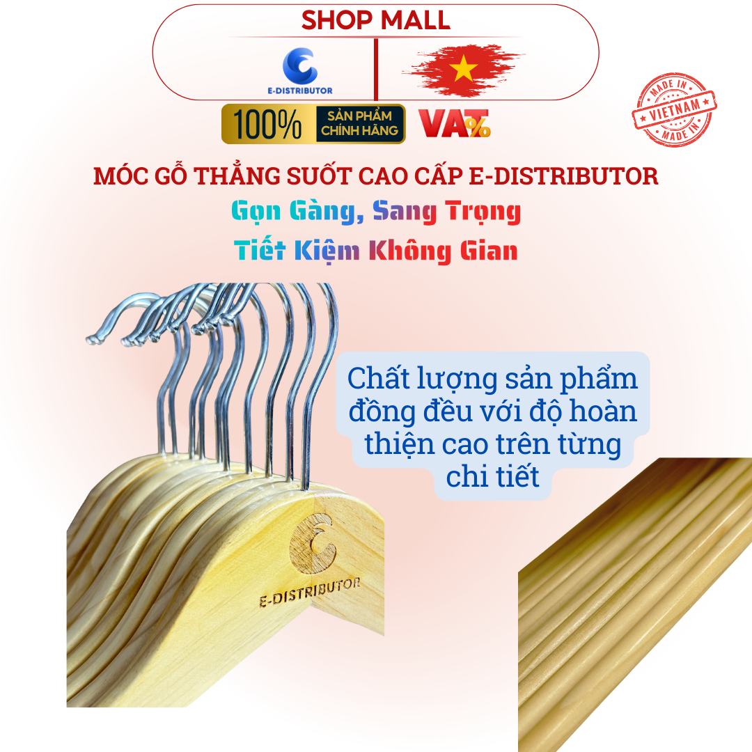 Combo móc gỗ quần áo không kẹp E-Distributor cao cấp - Sang trọng, gọn gàng - Chính hãng 100%
