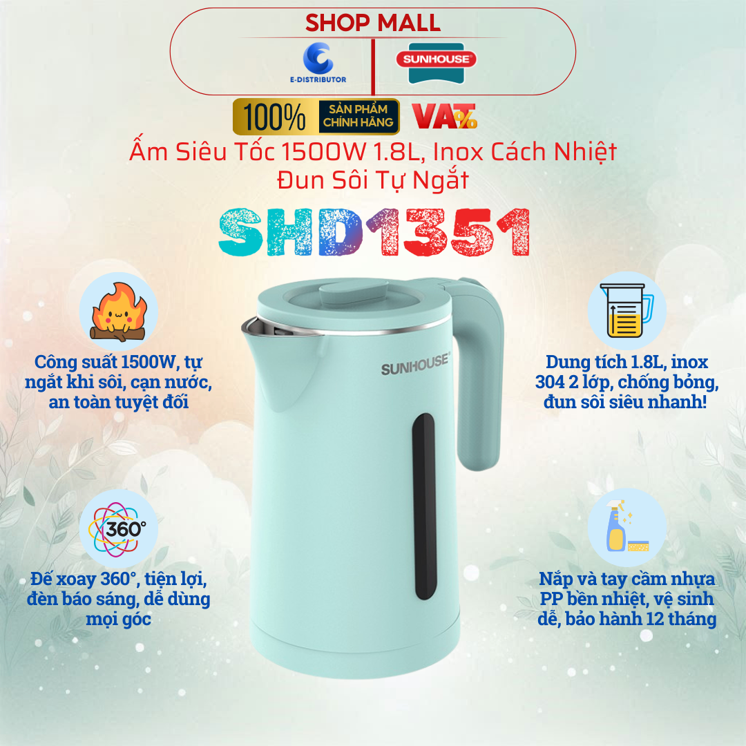Ấm siêu tốc Inox 2 lớp 1.8L Sunhouse SHD1351