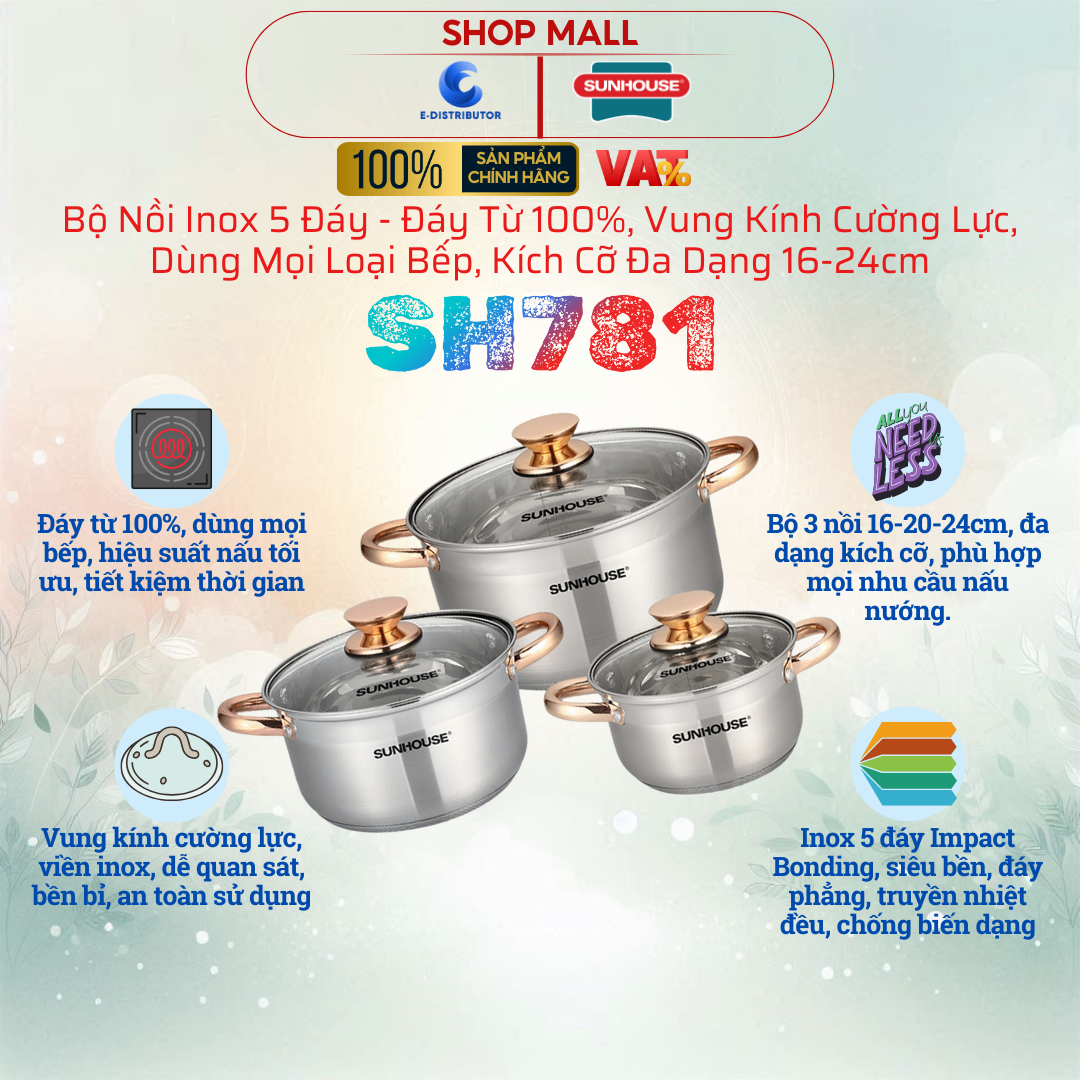 Bộ nồi inox 5 đáy Sunhouse SH781