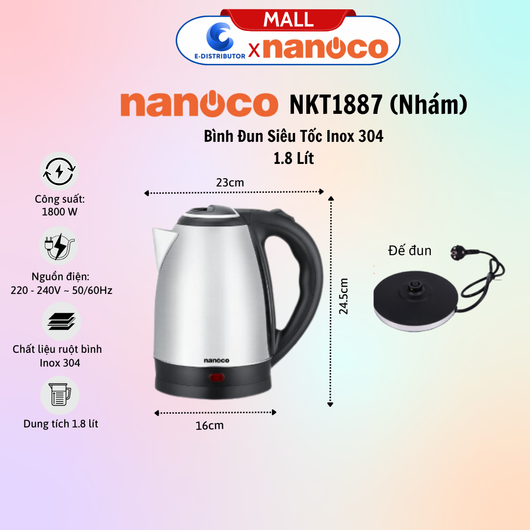 Bình đun siêu tốc inox 304 Nanoco NKT1817_W