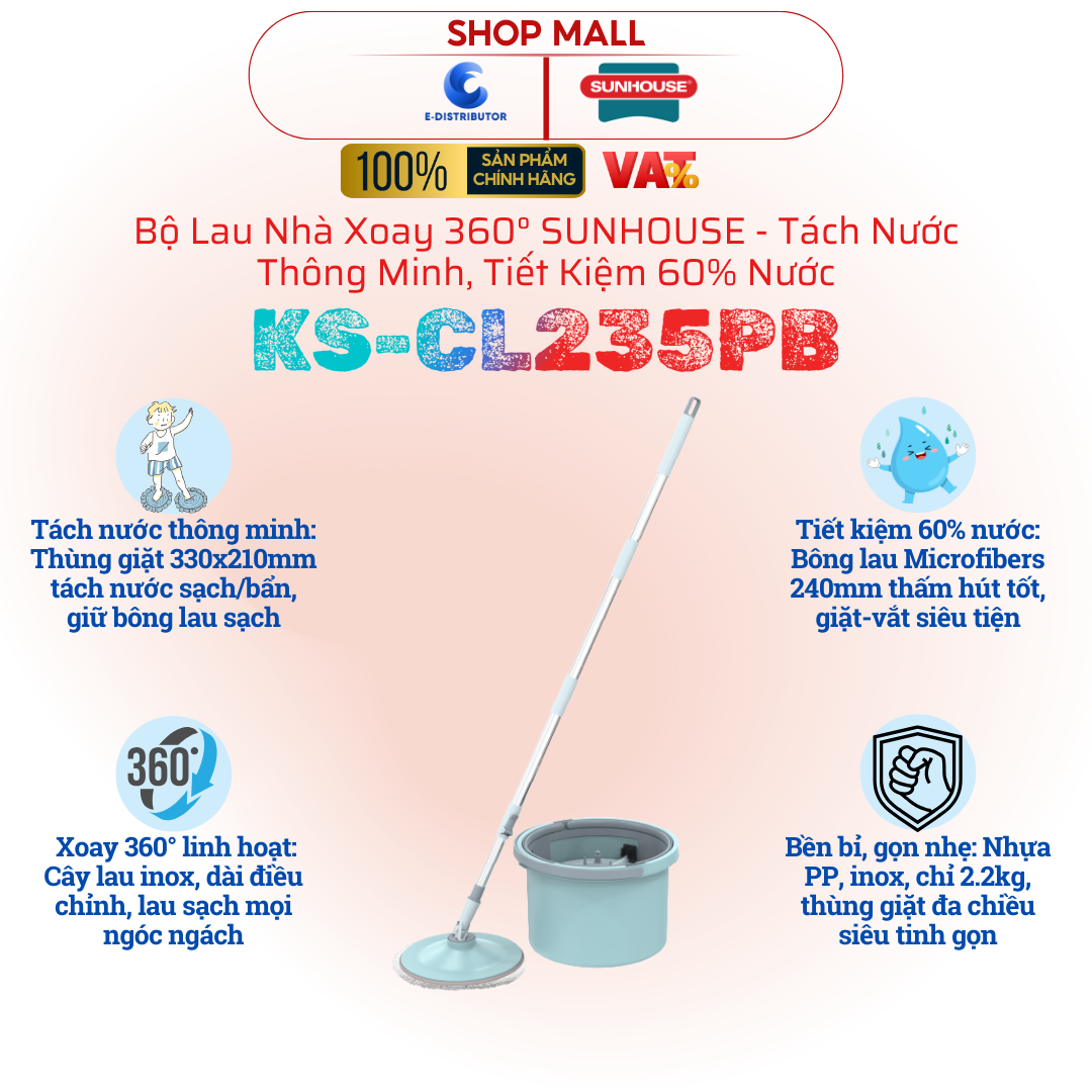 Bộ lau nhà xoay 360 độ thông minh Sunhouse KS-CL235PB