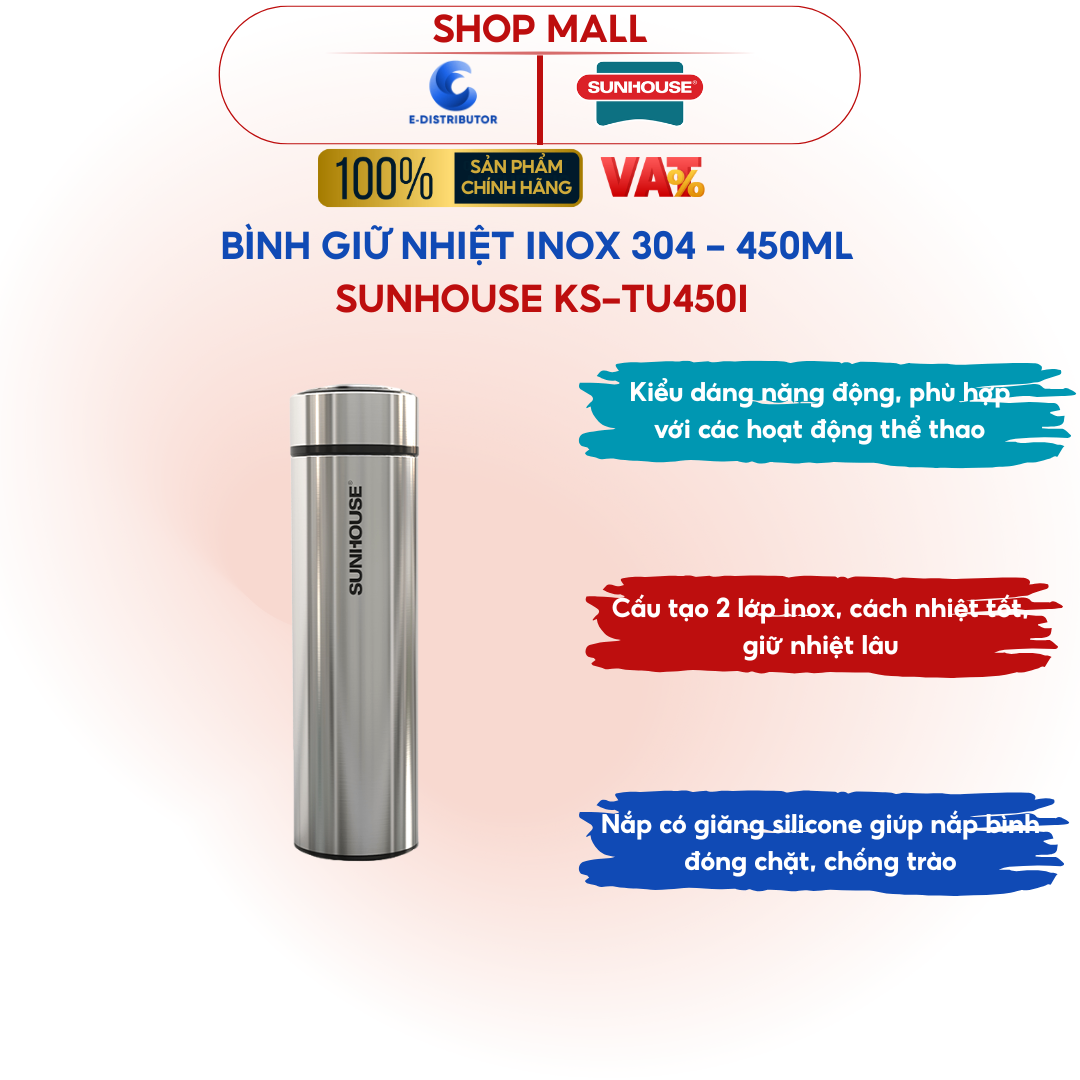 Bình giữ nhiệt inox 304 Sunhouse 450ml KS-TU450I