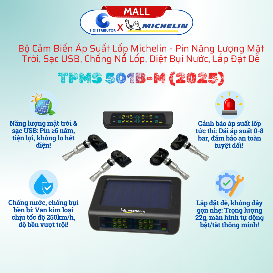 Bộ TPMS 501B-M bao gồm bốn cảm biến và một màn hình màu Michelin