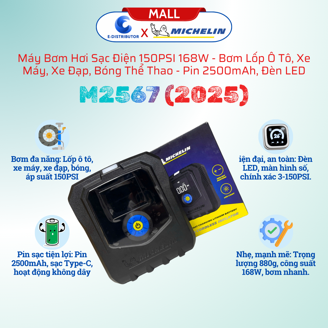 Máy bơm lốp kỹ thuật số không dây ( 3,6V - 2500Ah x 3 ) M2567