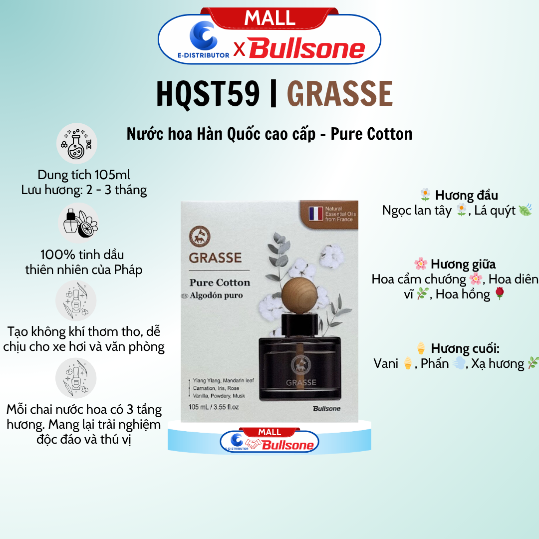 Nước Hoa Ô Tô Bullsone Grasse Pure Cotton (Hương bông tinh khiết) HQST59