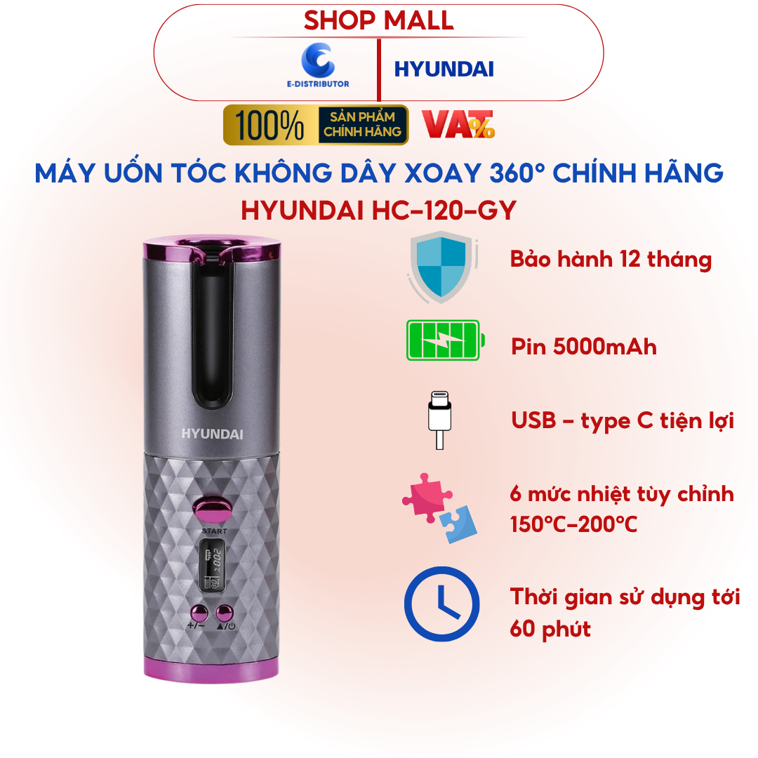 Máy uốn tóc không dây Hyundai - HC-120-GY