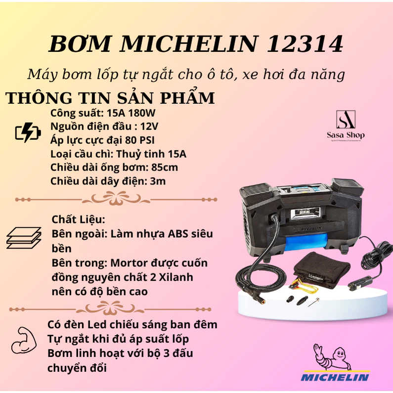 Máy bơm lốp xe khẩn cấp Michelin 12314 12V