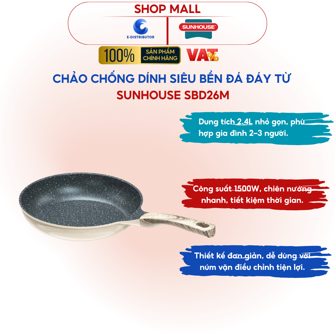 Chảo siêu bền đá đáy từ Sunhouse SBD26M - Hàng chính hãng