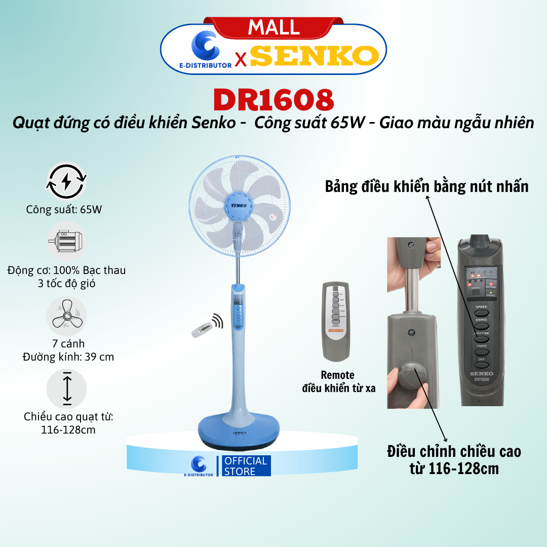 Quạt Đứng Senko điều khiển từ xa DR1608 - Màu ngẫu nhiên - Hàng Chính Hãng