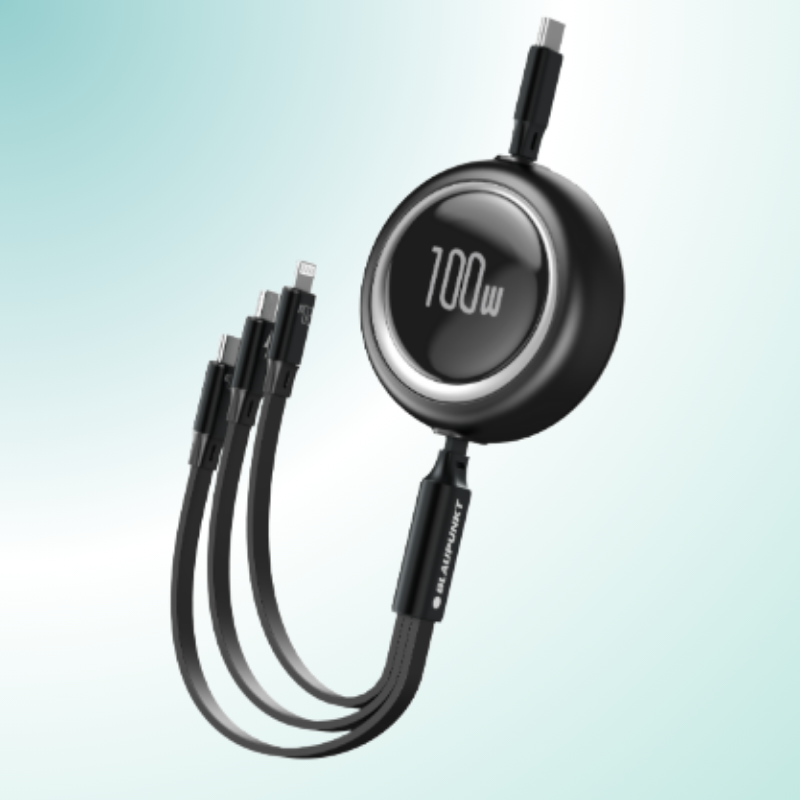 Cáp sạc 3-in-1 rút gọn Blaupunkt BLC4100B, PD100W, 1.2m, Type-C to USB-C + Lightning + Micro-usb