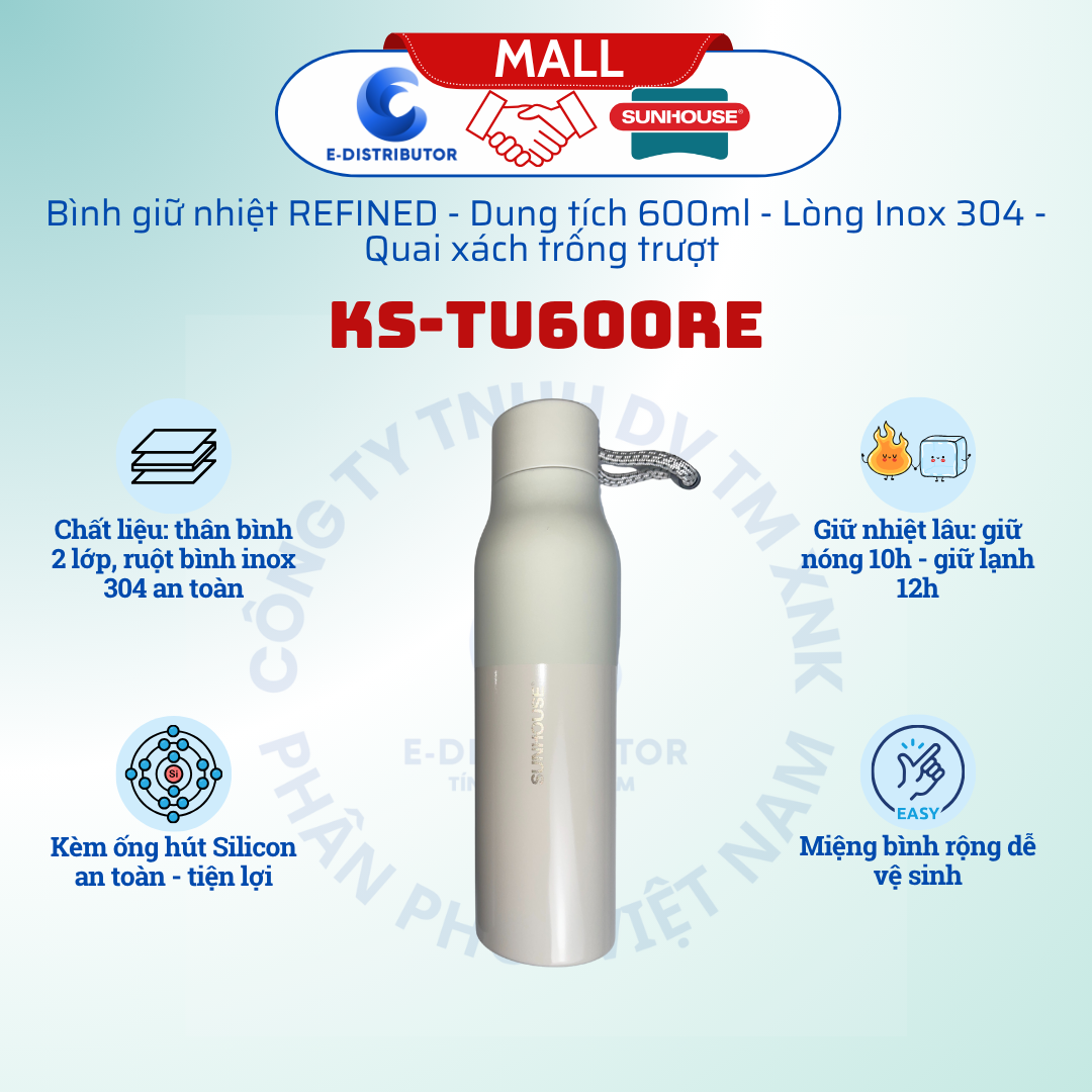 Bình giữ nhiệt Refined 600ml Sunhouse KS-TU600RE - Hàng chính hãng