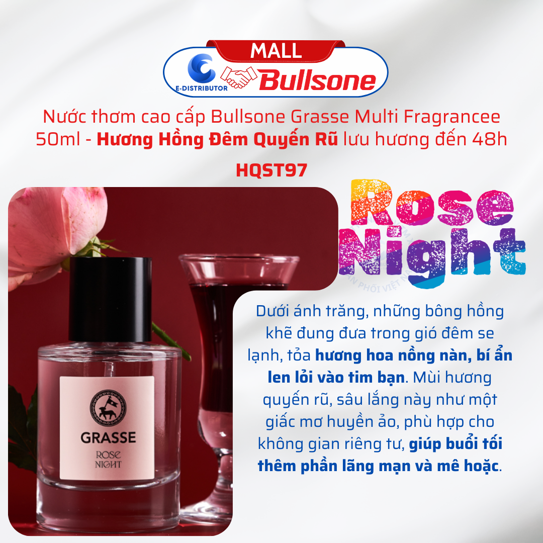 Nước thơm cao cấp Bullsone Grasse Multi Fragrance Rose Night HQST97 50ml