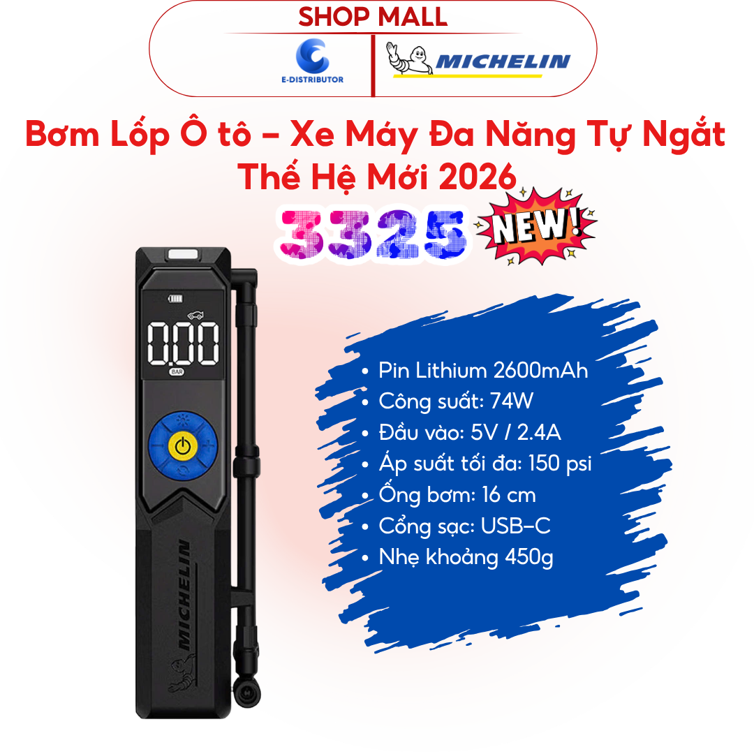 Máy bơm lốp xe điện tử không dây sạc lại MICHELIN 74W 3325