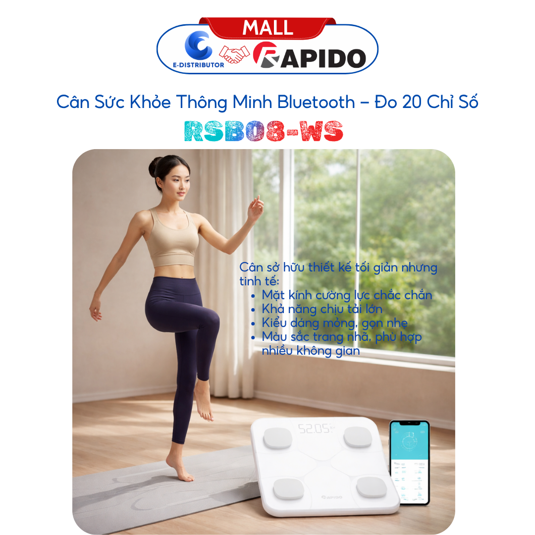 Cân sức khỏe phân tích chỉ số - loại vuông, bluetooth Rapido RSB08-WS (màu trắng)