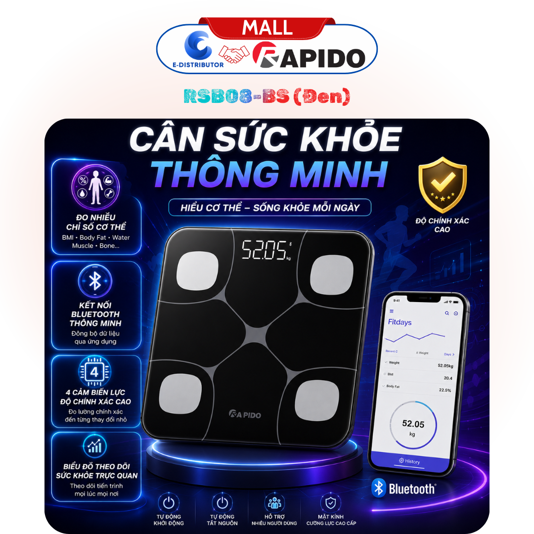 Cân sức khỏe phân tích chỉ số - loại vuông, bluetooth Rapido RSB08-BS (màu đen)