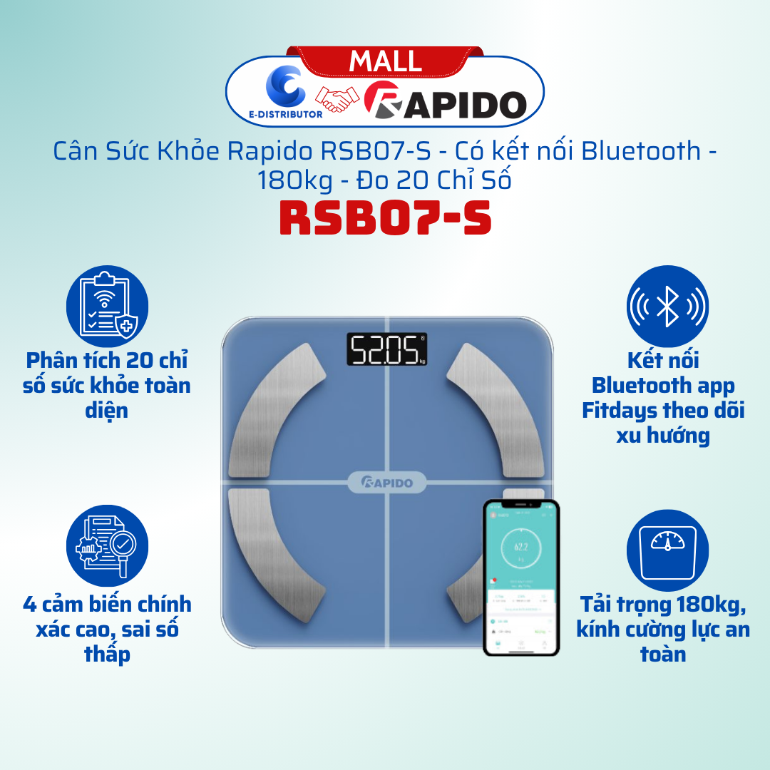 Cân sức khỏe phân tích chỉ số - loại vuông, bluetooth RSB07-S