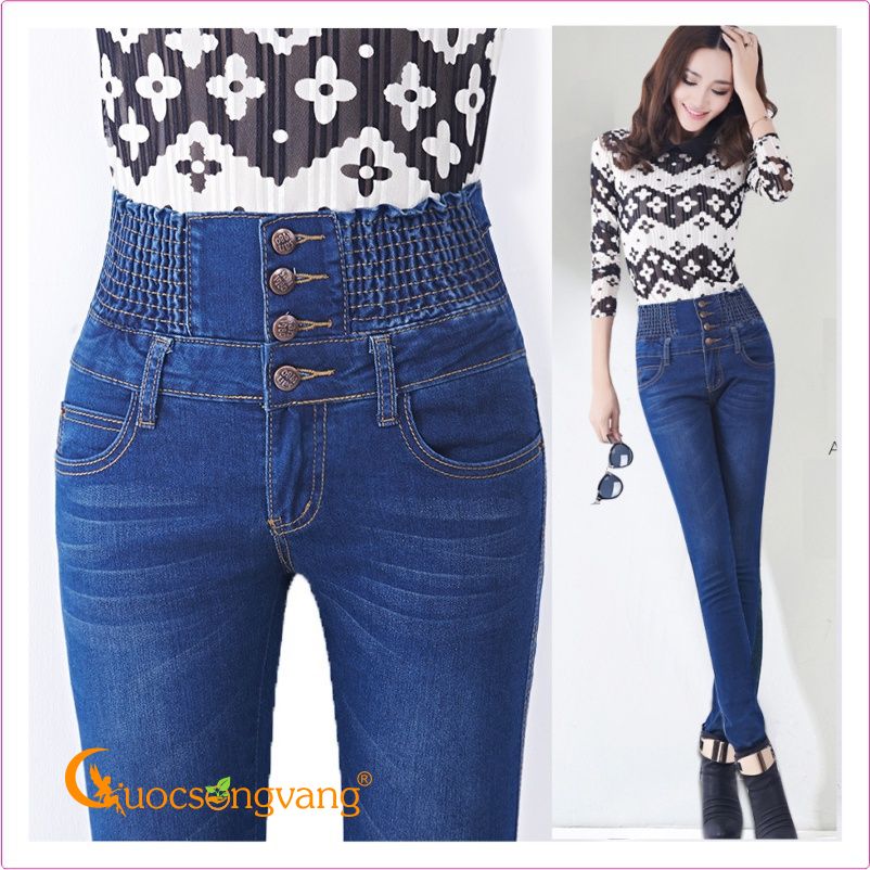 Quần jean lưng cao quần jean lưng thun nhiều nút GLQ001