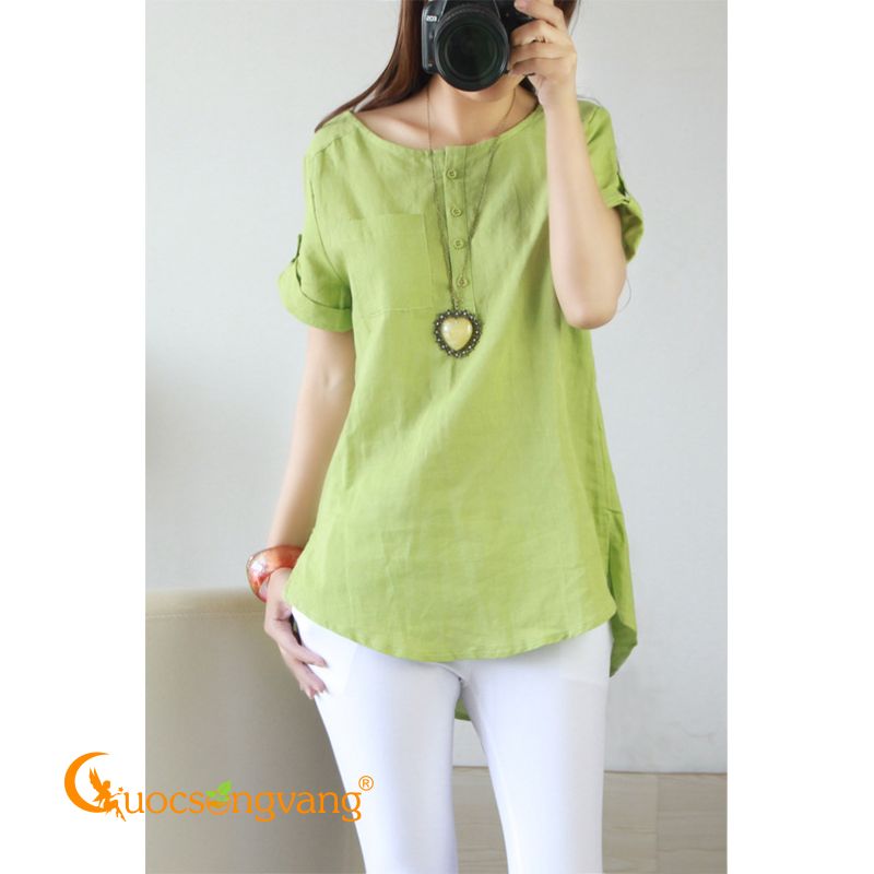 Áo nữ áo kiểu vải thô chui đầu cổ thuyền ngắn tay GLA014