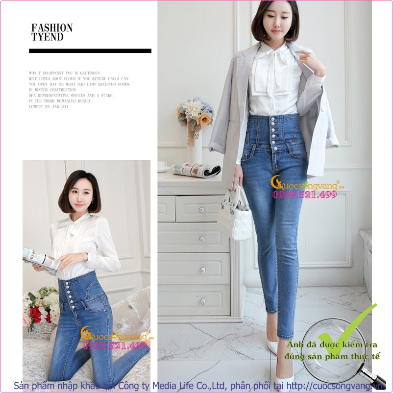Quần jean nữ lưng cao nhiều nút thắt dây GLQ026
