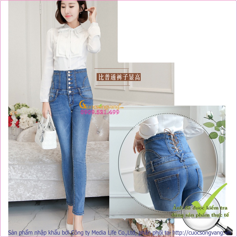 Quần jean nữ lưng cao nhiều nút thắt dây GLQ026