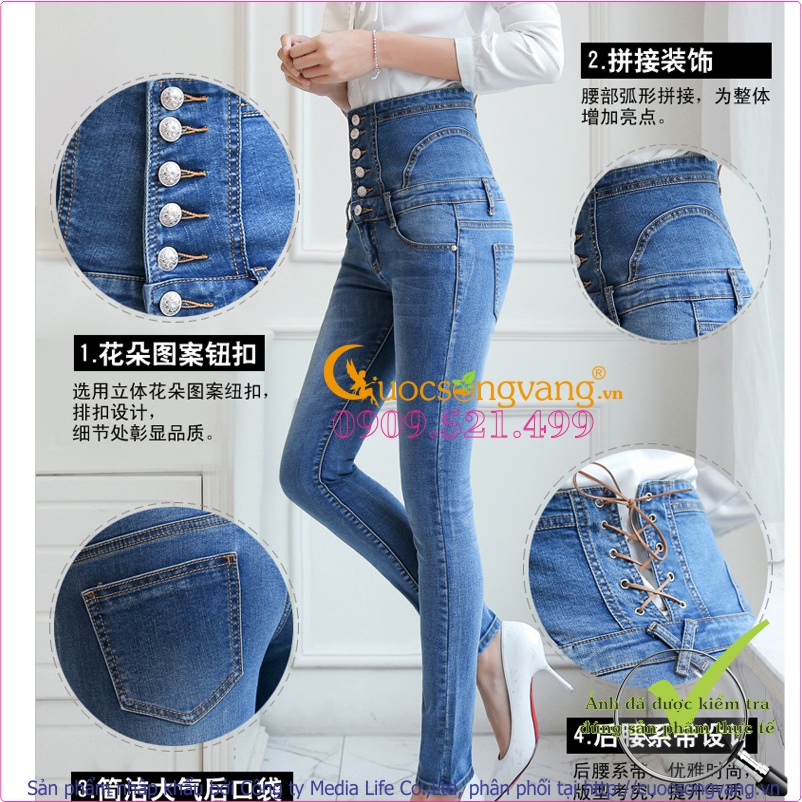Quần jean nữ lưng cao nhiều nút thắt dây GLQ026