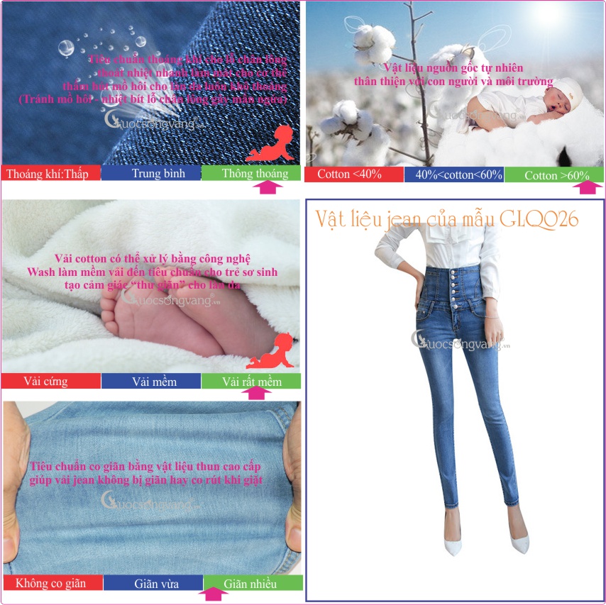 Quần jean nữ lưng cao nhiều nút thắt dây GLQ026