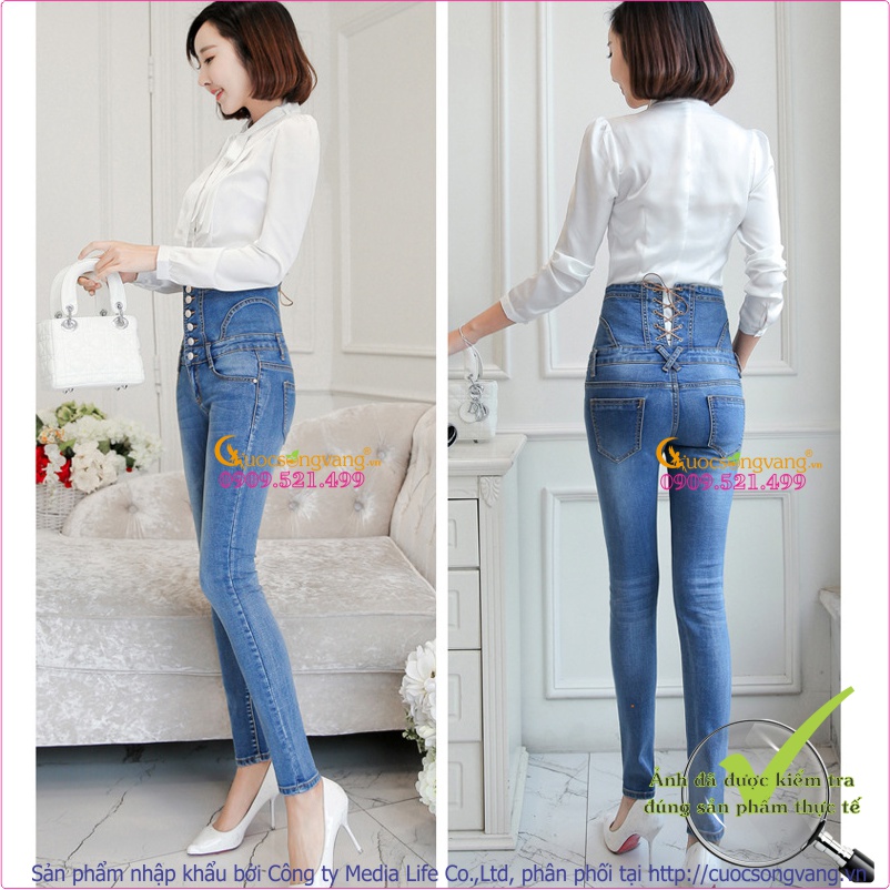 Quần jean nữ lưng cao nhiều nút thắt dây GLQ026