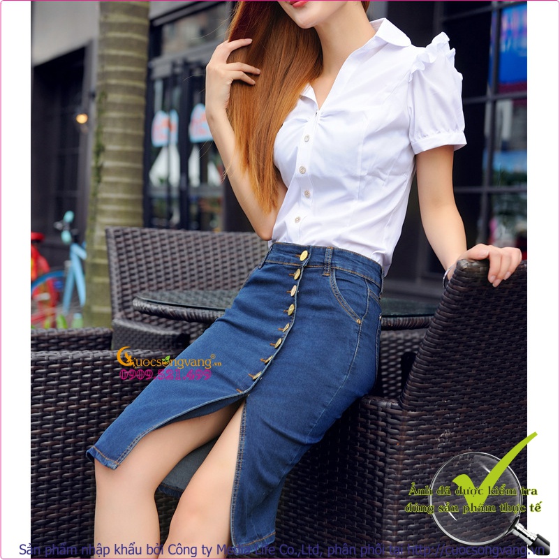 Chân váy jeans kiểu bút chì nhiều nút GLV021