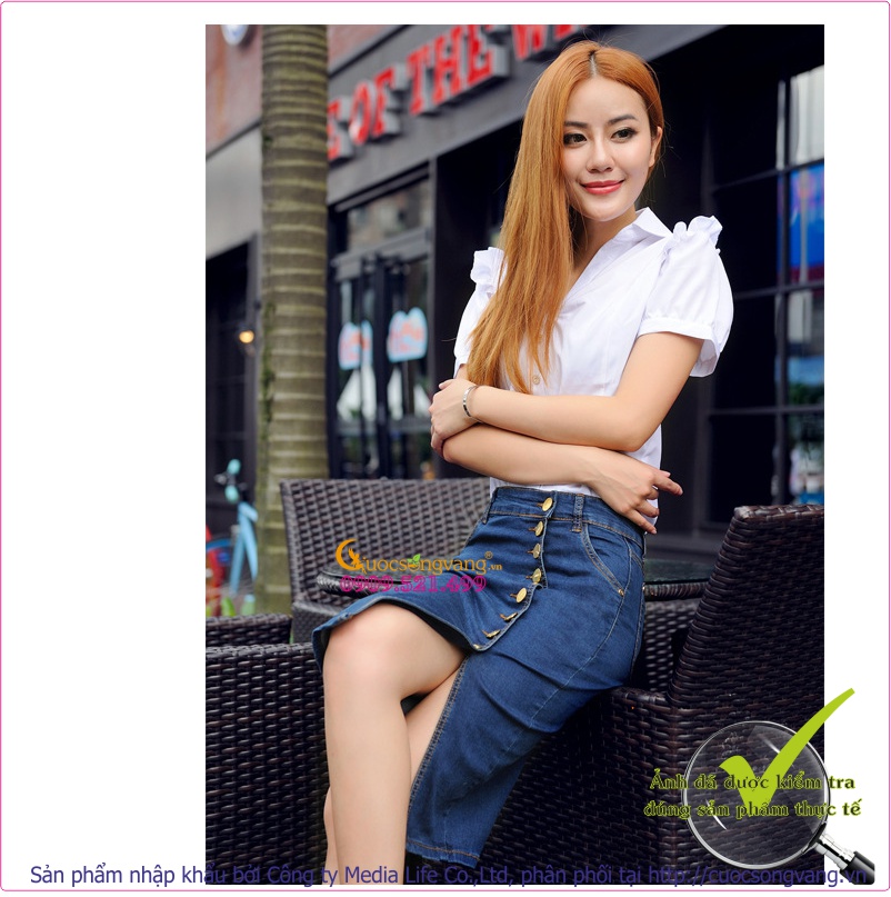 Chân váy jeans kiểu bút chì nhiều nút GLV021