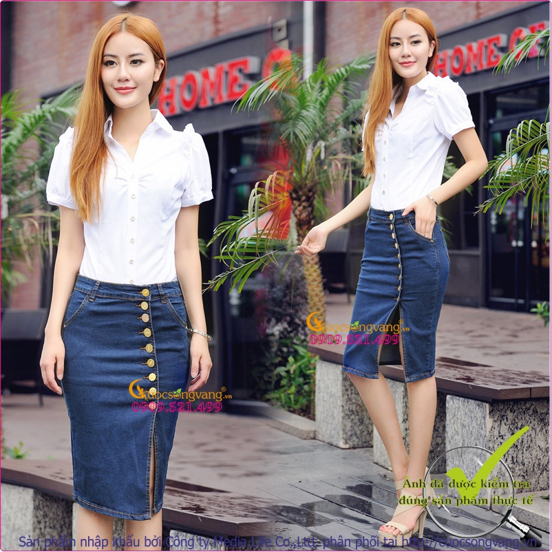 Chân váy jeans kiểu bút chì nhiều nút GLV021