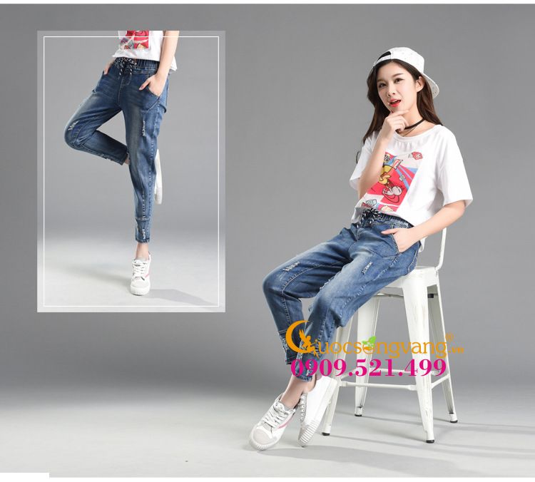 Quần baggy lưng thun màu xanh đậm jean cotton GLQ030-Xanhđen