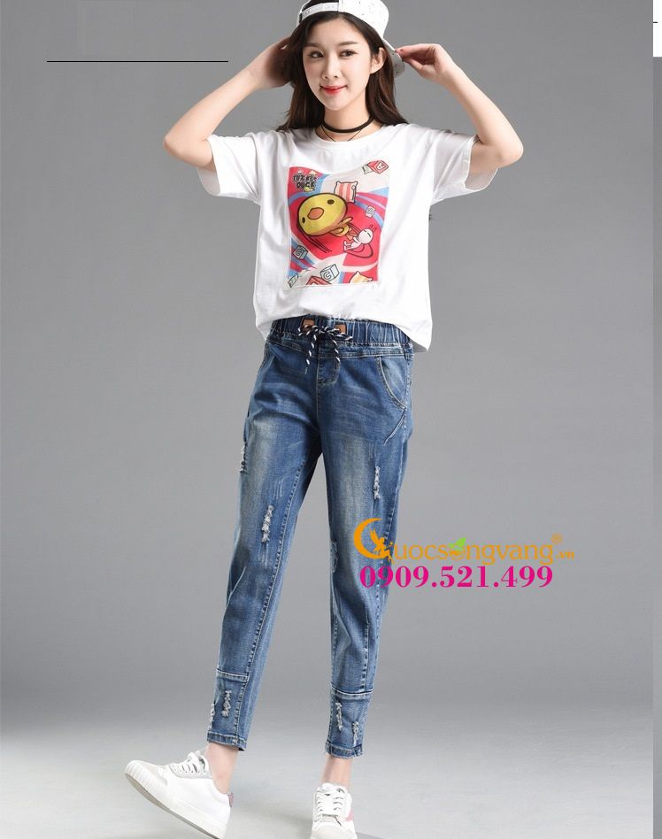 Quần baggy lưng thun màu xanh đậm jean cotton GLQ030-Xanhđen