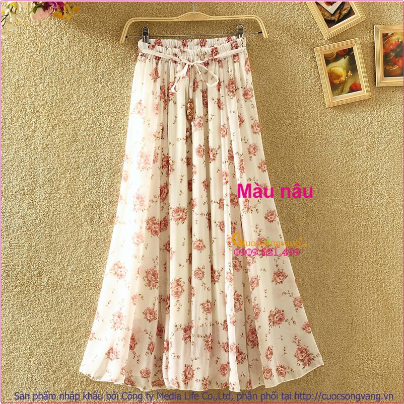 Chân váy lụa kiểu chân váy maxi in hoa hai lớp GLV017 kiểu 6