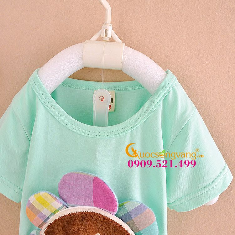 Bộ quần áo bé gái xanh đính búp bê GLSET016-xanhngoc chất liệu cotton