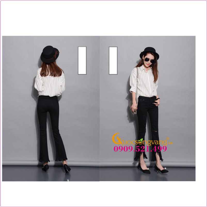 Quần kaki jean nữ ống loe mài rách co giãn GLQ021 cotton wash mềm không phai