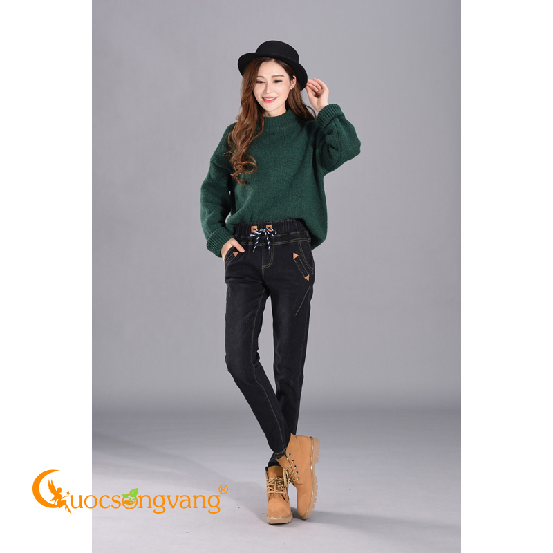 Quần jean harem lưng thun quần nữ lưng cao GLQ018-Xámđen