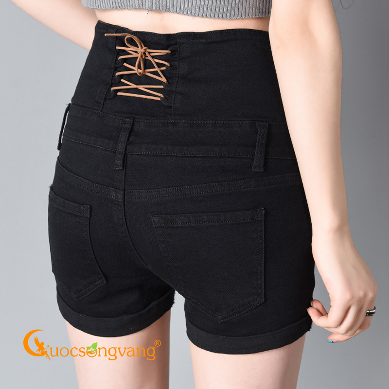 Quần short nữ thắt dây quần short jean lưng cao màu đen GLQ066