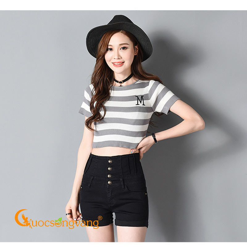 Quần short nữ thắt dây quần short jean lưng cao màu đen GLQ066