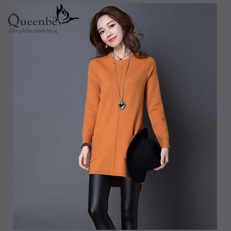 Áo len nữ dáng dài áo nữ dài tay túi thật Queenbe GLA248