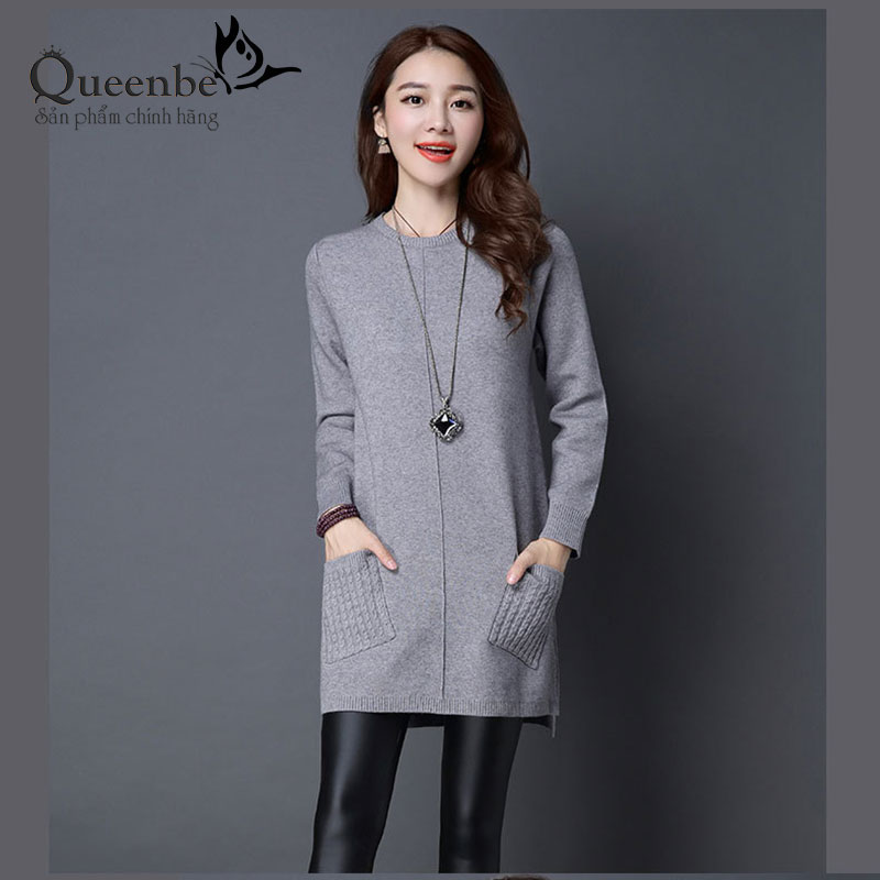 Áo len nữ dáng dài áo nữ dài tay túi thật Queenbe GLA248