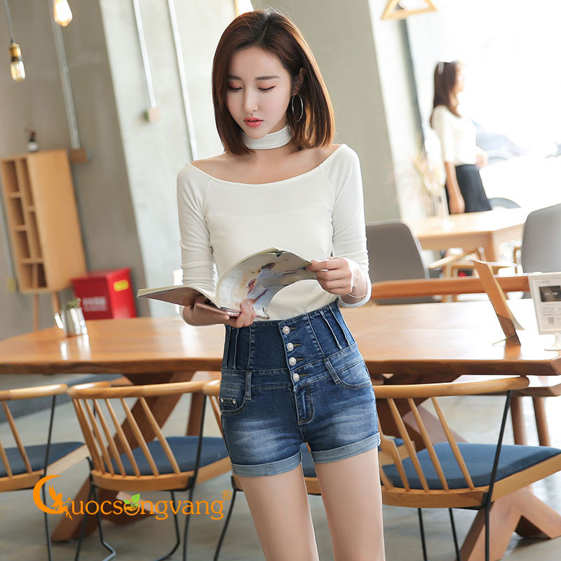 Quần short nữ đẹp quần short jean lưng cao màu xanh đậm GLQ066