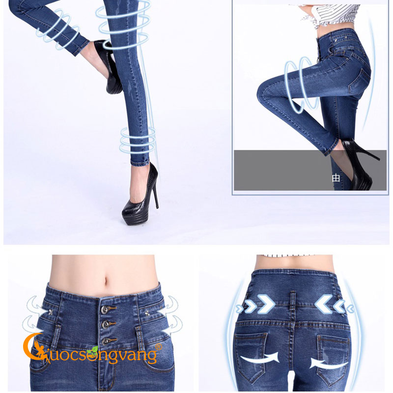 Quần jean nữ lưng cao màu xanh đen quần jean skinny 3 nút GLQ111