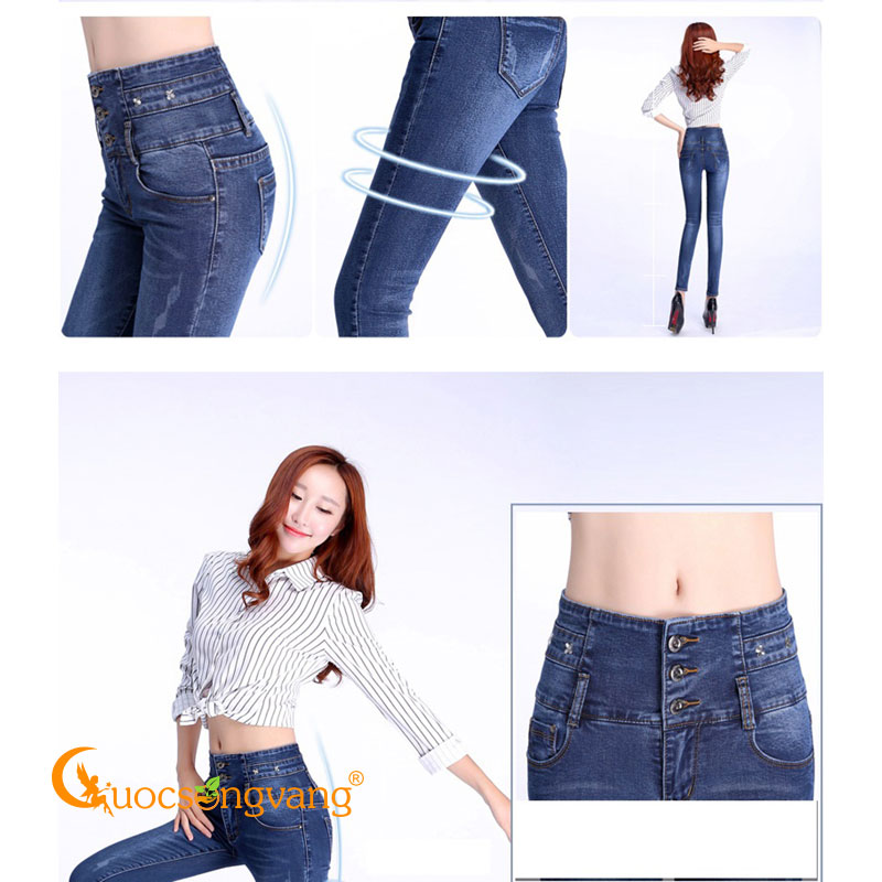 Quần jean nữ lưng cao màu xanh đen quần jean skinny 3 nút GLQ111