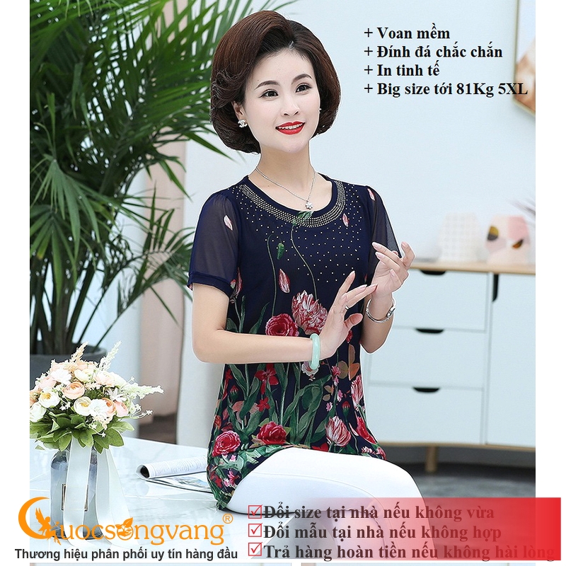 Áo kiểu trung niên big size in hoa áo nữ dáng dài đính cườm Queenbe GLA258