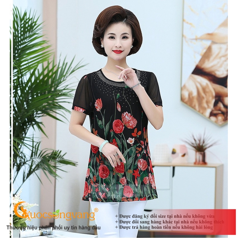 Áo kiểu trung niên big size in hoa áo nữ dáng dài đính cườm Queenbe GLA258